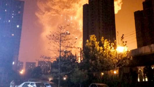A massive explosion rocks Tianjin, China on Aug. 12, 2015.