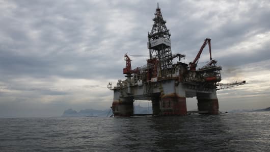 A Petrobras oil platform floats in the Atlantic Ocean near Guanabara Bay in Rio de Janeiro.