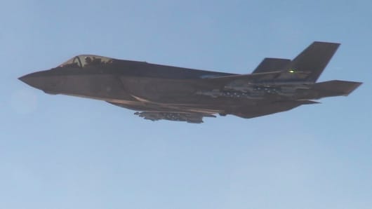 An F-35 fighter flying over the Pacific Ocean this week during in-flight refueling tests.