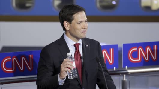 Senator Marco Rubio, a Republican from Florida and 2016 presidential candidate, participates in the Republican presidential debate at the Ronald Reagan Presidential Library in Simi Valley, California.