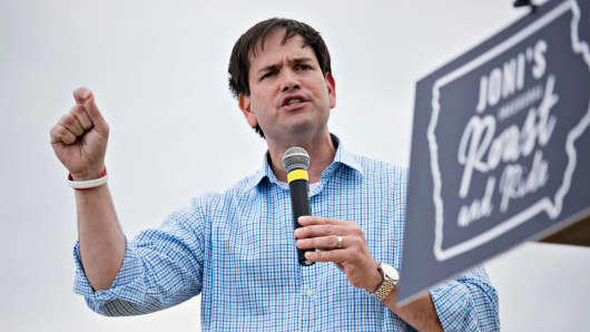 Sen. Marco Rubio, a 2016 presidential candidate, speaks during the inaugural Roast and Ride in Boone, Iowa, on June 6, 2015.