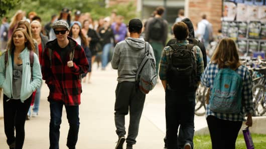 Students walk to class at the University of Colorado in Boulder.