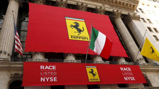 Ferrari banners outside the New York Stock Exchange October 21, 2015.