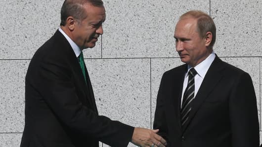 Russian President Vladimir Putin and Turkish President Tayyip Erdogan at an opening ceremony for the restored Moscow Cathedral Mosque on September 23, 2015.