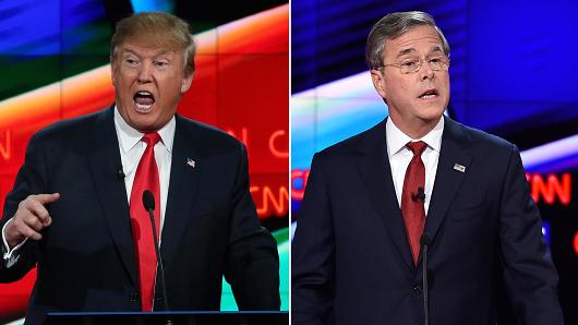 Donald Trump and Jeb Bush speaking during the Republican Presidential Debate, hosted by CNN, at The Venetian Las Vegas on December 15, 2015 in Las Vegas, Nevada.