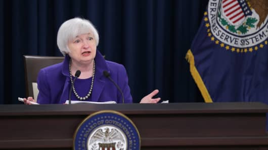 Janet Yellen discusses the Fed's first interest rate hike in 9½ years, Dec. 16, 2015, in Washington.
