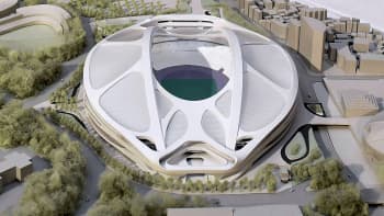 A rendering model of the new National Stadium for 2020 Tokyo Olympics and Paralympics, designed by Iraqi-British architect Zaha Hadid, is displayed at a meeting of memebrs of the advisory council on the construction of the new stadium, in Tokyo.