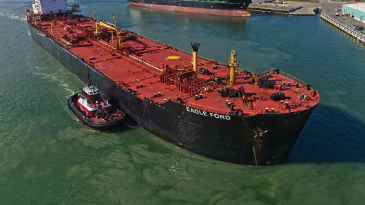 The Eagle Ford crude oil tanker sails out of the NuStar Energy dock at the Port of Corpus Christi in Texas.