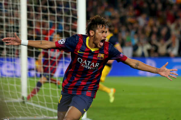 Neymar of Barcelona celebrates his goal during the UEFA Champions League Quarter Final first leg match.