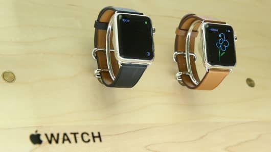 Apple watches are displayed in the Apple Store on 14th street in Manhattan, New York.