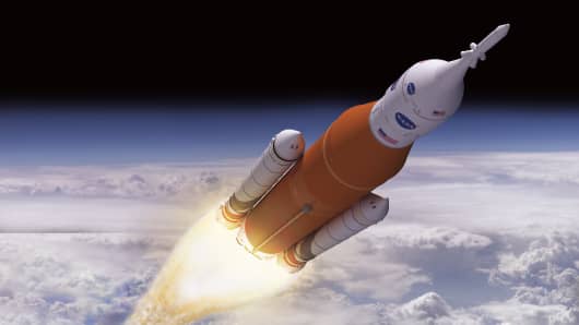 An artists rendering of Boeing's most powerful rocket, the Space Launch System or SLS.