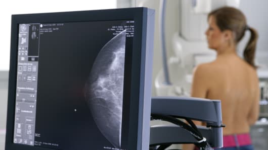 A woman undergoes a mammogram exam.