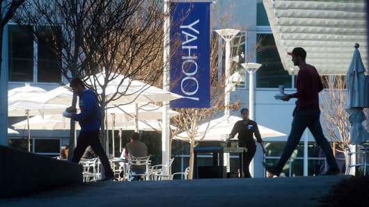 People walk between buildings on the Yahoo headquarters corporate campus in Sunnyvale, California.