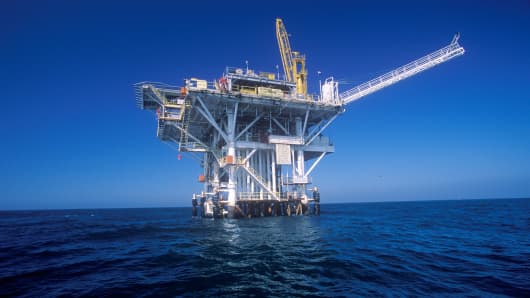 An offshore oil rig in the Channel Islands off the California coast.