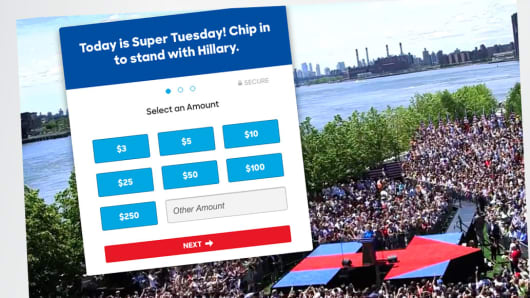 A detail of Hillary Clinton's website showing donation amounts on Super Tuesday, March 1, 2016.