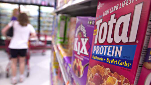 General Mills Total Protein cereal sits on display in a supermarket.
