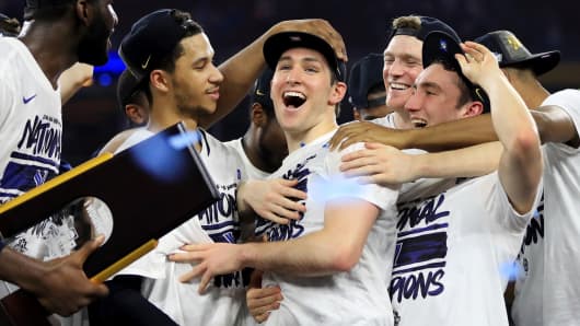 Villanova Wildcats celebrate after defeating the North Carolina Tar Heels 77-74 to win the 2016 NCAA Men's Final Four National Championship game at NRG Stadium on April 4, 2016 in Houston.