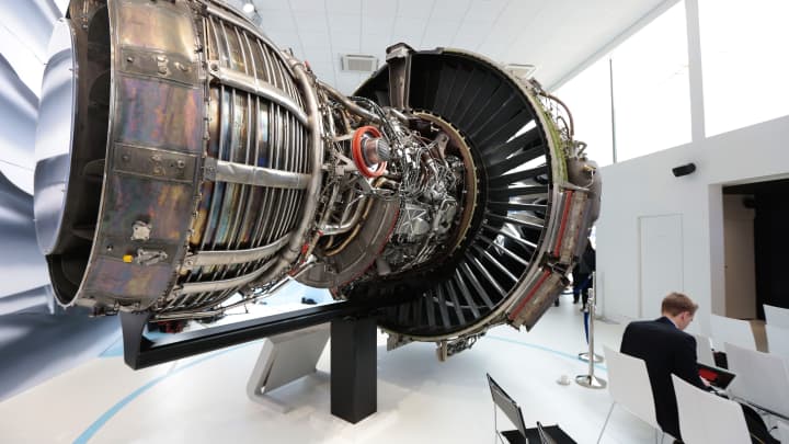 A General Electric (GE) GEnx next generation jet engine sits on display in the GE Aviation Systems LLC chalet on the opening day of the 51st International Paris Air Show in Paris, France.