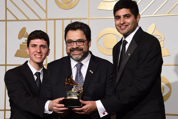 Eric Oberstein, Arturo O’Farrill and Kabir Sehgal at the Grammys