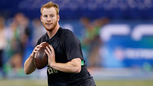 Quarterback Carson Wentz of North Dakota State in action during the 2016 NFL Scouting Combine at Lucas Oil Stadium