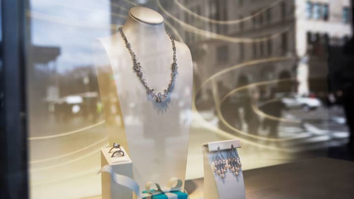 Jewelry is displayed in the window of a Tiffany & Co. store on Fifth Avenue in New York.