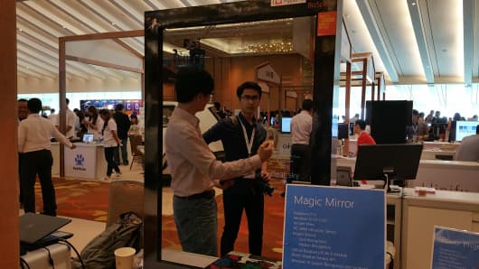 Microsoft's smart mirror, called Magic Mirror, and showcased at the InnovFest Unbound 2016, a digital technology conference in Singapore, has a facial recognition feature and can tell the weather, date, time and location.