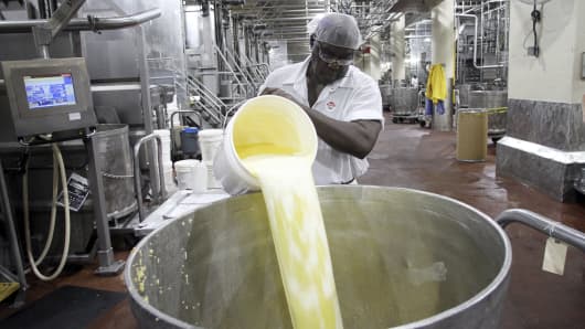 `Big John' Fillmore pours soup in a container in the Campbell Soup Plant in Maxton, North Carolina, U.S.