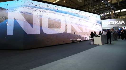 The Nokia logo is displayed at the Nokia pavillon during day four of the Mobile World Congress at the Fira Gran Via complex in Barcelona, Spain on February 25, 2016.
