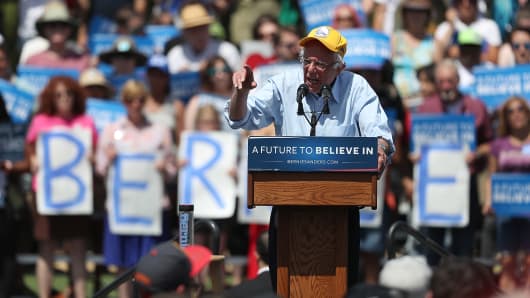 Democratic presidential candidate, U.S. Sen. Bernie Sanders (D-VT) speaks during a campaign rally at Cubberley Community Center on June 1, 2016 in Palo Alto, California