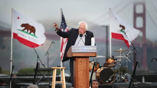 Democratic presidential candidate Senator Bernie Sanders (D-VT) addresses a crowd, estimated at more than 10,000 people, during a campaign rally at Chrissy Field in the Presidio on June 6, 2016 in San Francisco, California.