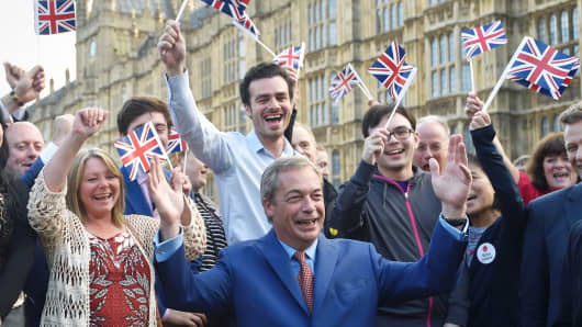 Nigel Farage, the leader of the United Kingdom Independence Party, makes a statement after Britain voted to leave the European Union in London.
