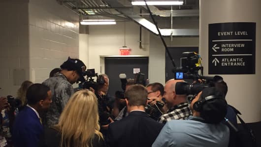 Brandon Ingram, second overall 2016 NBA draft pick, surrounded by reporters at the Barclays Center.