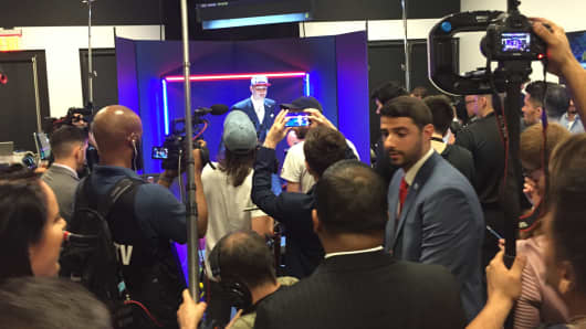 Ben Simmons, first overall 2016 NBA draft pick, surrounded in the social media room.