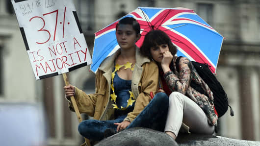 Demonstrators take part in a protest aimed at showing London's solidarity with the European Union following the recent EU referendum, inTrafalgar Square, central London, Britain June 28, 2016.