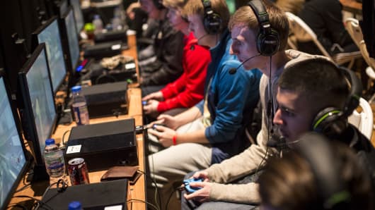 Competitors practice ahead of qualifying matches at the 2015 Call of Duty European Championships at The Royal Opera House on London, England.