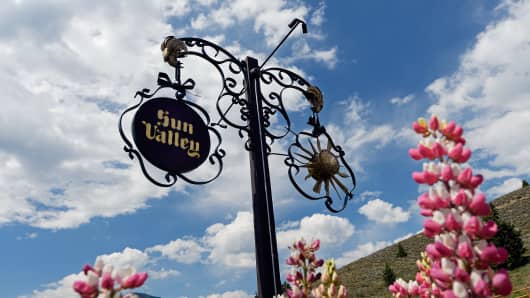 A sign for Sun Valley Resort hangs outside before the Allen & Co. annual conference.