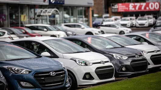 Cars for sale at a motor dealer in Bristol in the U.K.