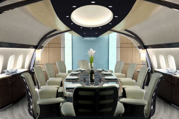 The VIP dining and conference room on a Boeing Business Jet.