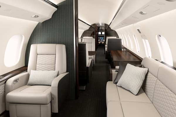 The interior of a Bombardier Global 6000 jet.
