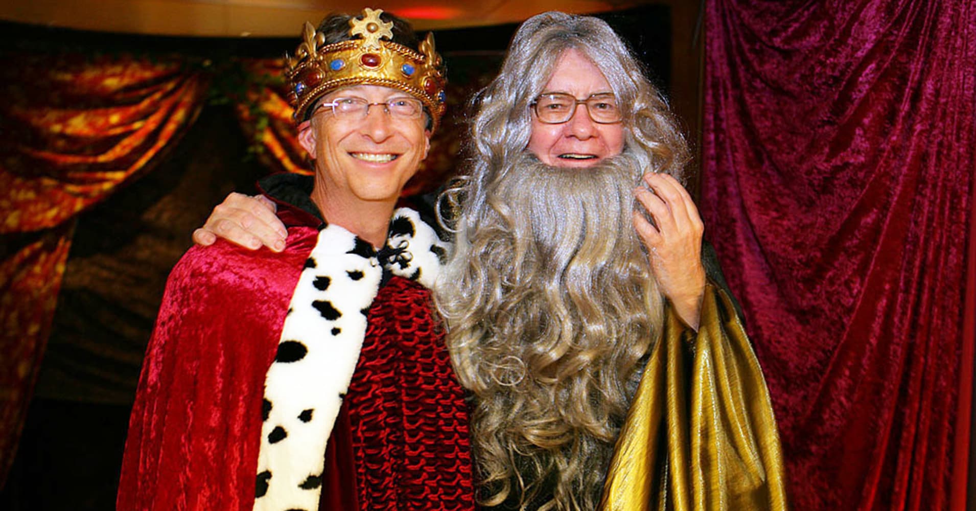 Bill Gates and Warren Buffett at a Camelot themed party where Warren Buffett came as Merlin.