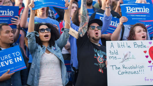 Supporters of Democratic presidential candidate Sen. Bernie Sanders, I-Vt., attend a rally in Washington in June.