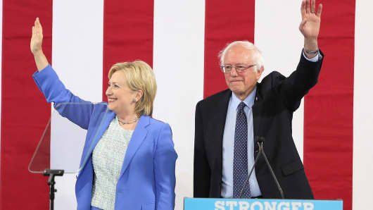Bernie Sanders (I-VT), endorses former Secretary of State Hillary Clinton for President of the United States at a campaign rally at Portsmouth High School on July 12, 2016 in Portsmouth, New Hampshire.