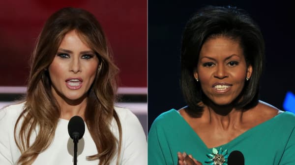 Melania Trump (L), wife of presumptive Republican presidential candidate Donald Trump, addressing delegates on the first day of the Republican National Convention on July 18, 2016 at Quicken Loans Arena in Cleveland, Ohio, on July 18, 2016 and Michelle Obama, wife of US Democratic presidential candidate Barack Obama, greeting the audience at the Democratic National Convention 2008 at the Pepsi Center in Denver on August 25, 2008.