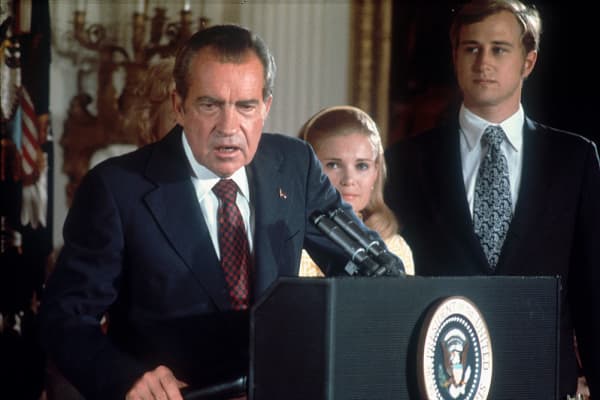 Richard Nixon announces his resignation from the White House, August 9, 1974.