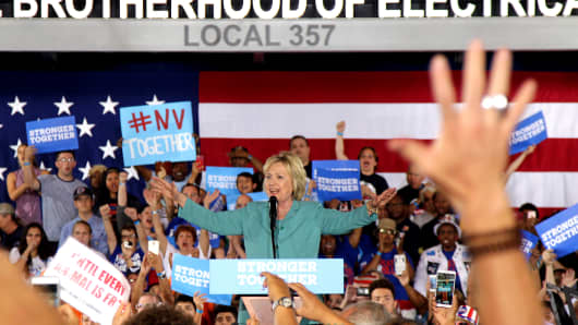 Democratic presidential nominee Hillary Clinton speaks to supporters about her plans for the economy and job creation during a rally at the International Brotherhood of Electrical Workers (IBEW) at the IBEW Local 357 Hall August 4, 2016 in Las Vegas, Nevada.