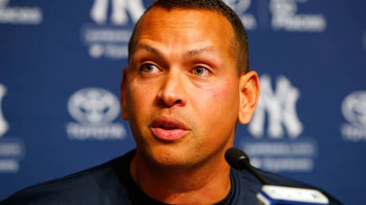 Alex Rodriguez speaks during a news conference on August 7, 2016 at Yankee Stadium in the Bronx borough of New York City. Rodriguez announced that he will play his final major league game on Friday, August 12 and then assume a position with the Yankees as a special advisor and instructor.