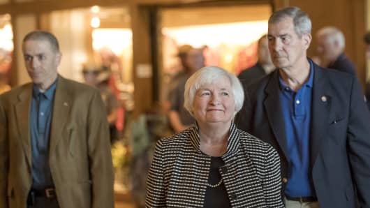 Janet Yellen (C) , chair of the U.S. Federal Reserve, arrives at the Jackson Hole economic symposium.