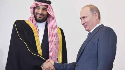 Deputy Crown Prince Mohammed bin Salman of Saudi Arabia(L) and Russian President Vladimir Putin