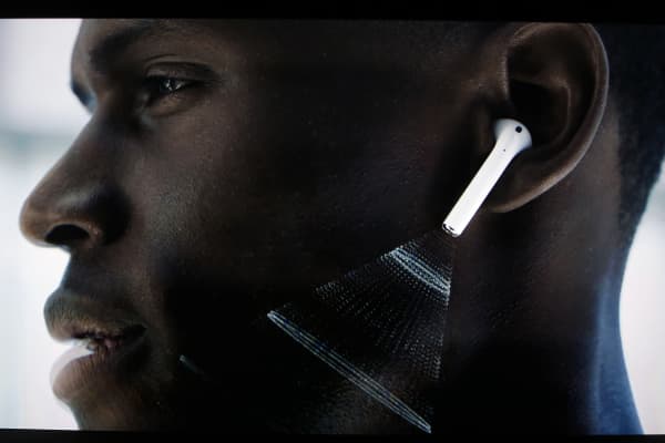 Video screen image of Apple AirPods during a media event in San Francisco, California, U.S. September 7, 2016.