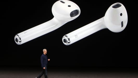 Apple CEO Tim Cook discusses the AirPods at a media event in San Francisco on Sept. 7, 2016.